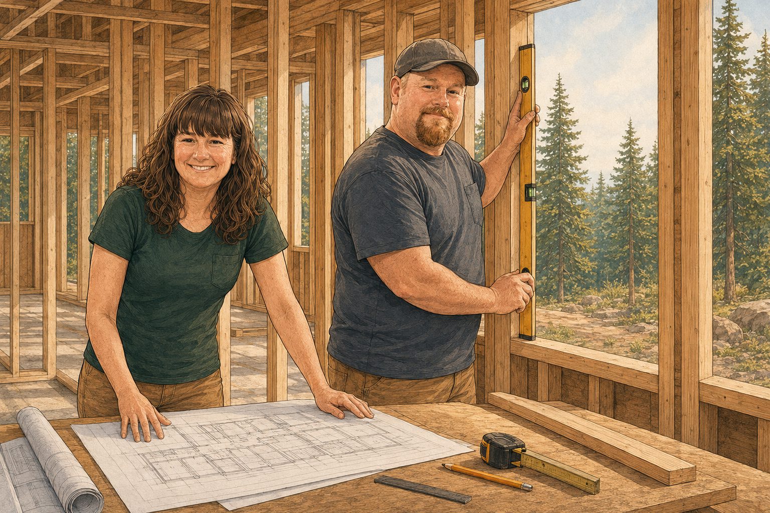 Rick and Monique Wachtel reviewing blueprints inside a framed North Idaho home