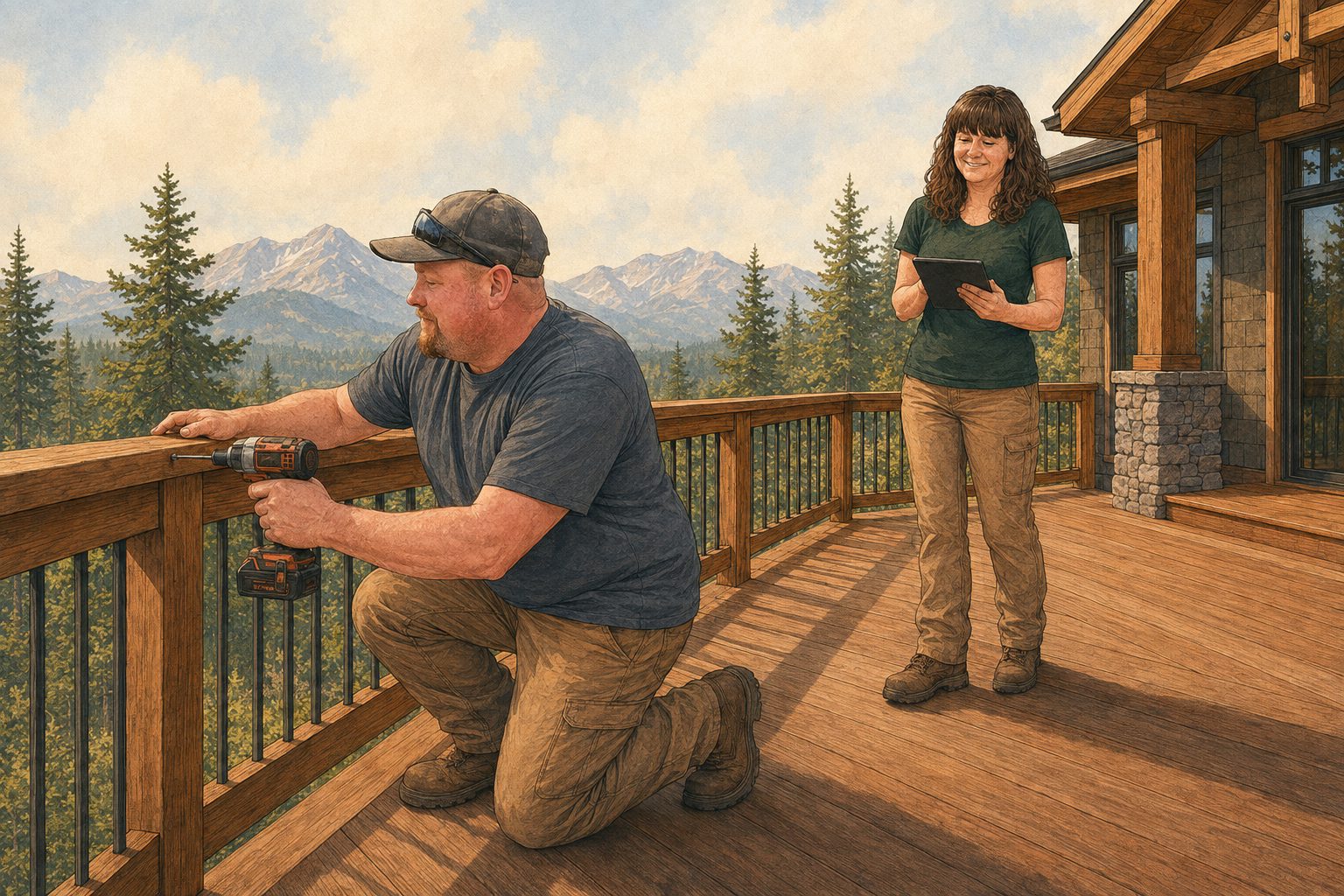 Rick Wachtel finishing a deck railing while Monique reviews plans on a mountain-view deck